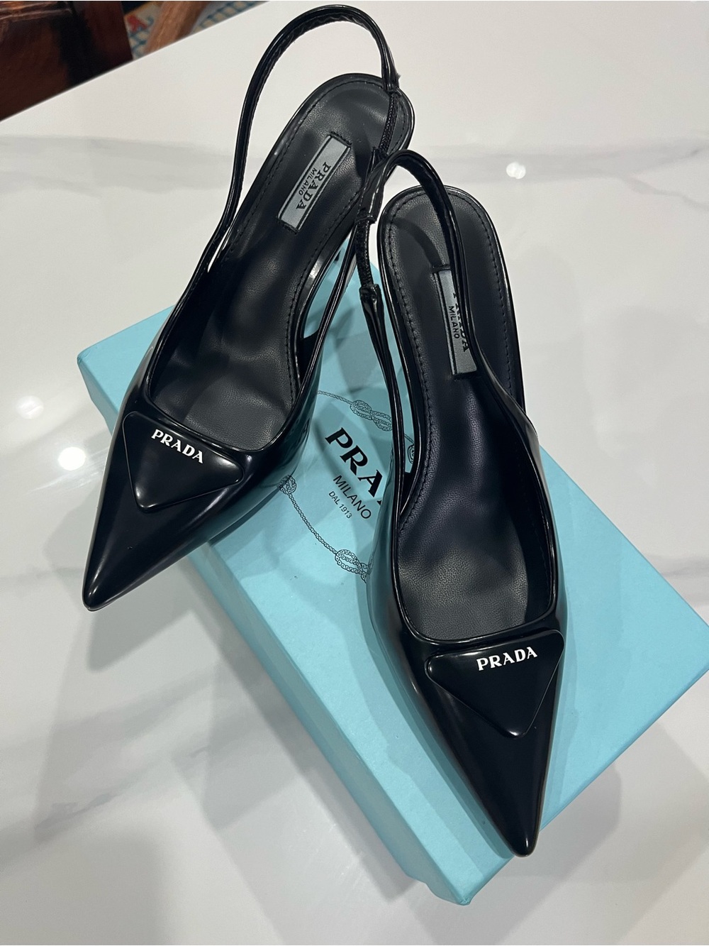 Prada Black Patent Pointed Slingback Pumps